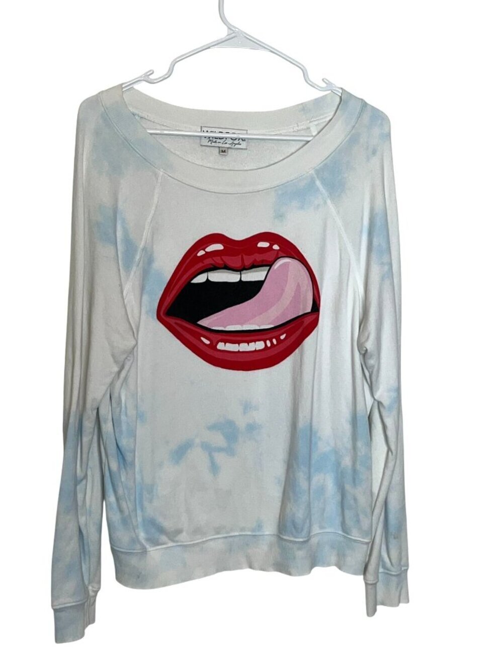 Wildfox Lips Graphic Tie-Dye Sweatshirt White & Blue Long Sleeve Women’s M